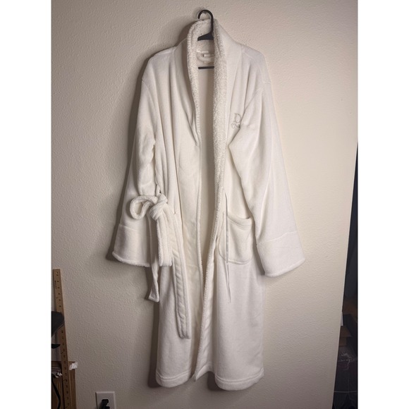 Pottery Barn Other - Pottery Barn White Fleece Robe M Ivory Sherpa Trim Monogram D Plush Spa Bathrobe